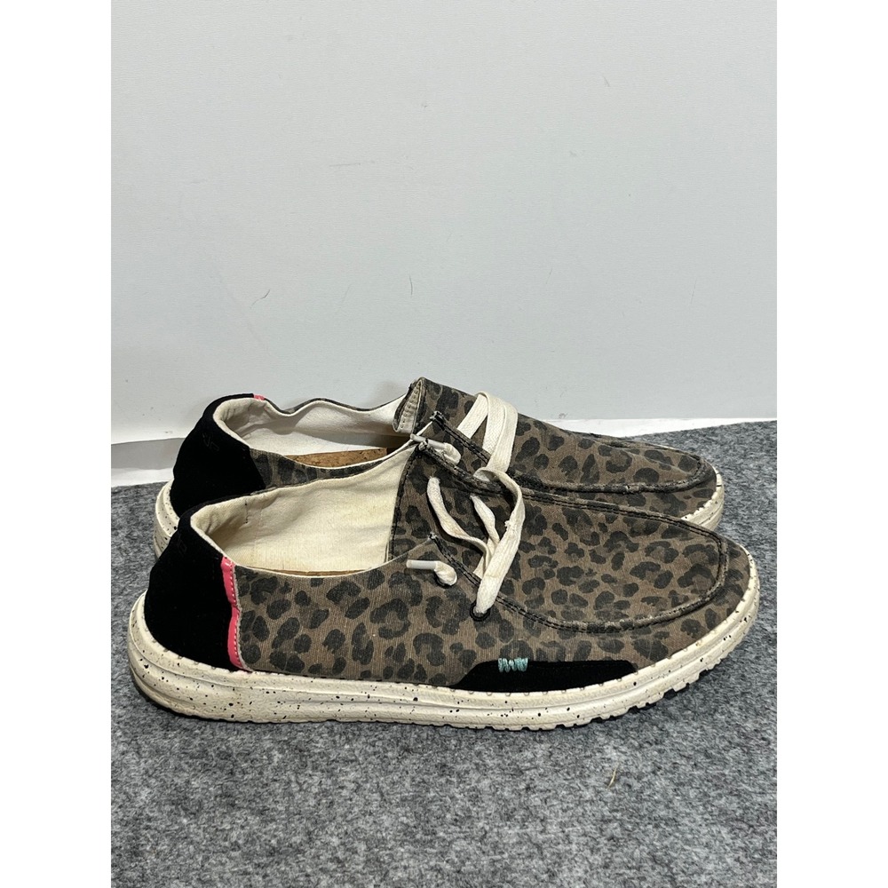 Hey Dude Wendy Women Leopard Print Canvas Loafers Brown Black Pink Accent